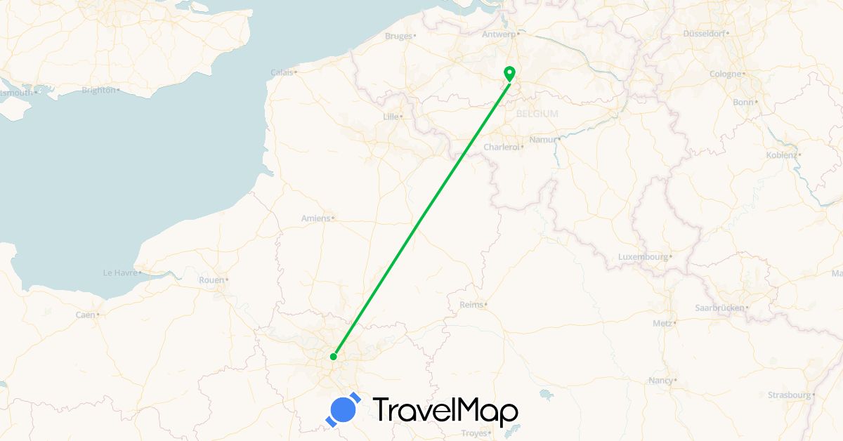TravelMap itinerary: bus in Belgium, France (Europe)